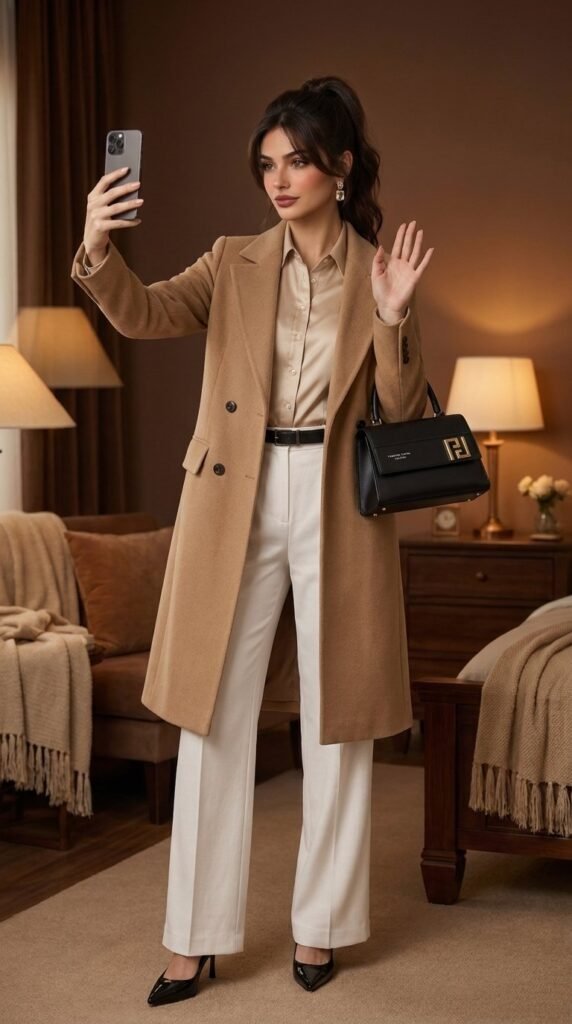 Genevieve, the virtual style persona for Look Expensive, in a camel coat outfit (AI-generated image)